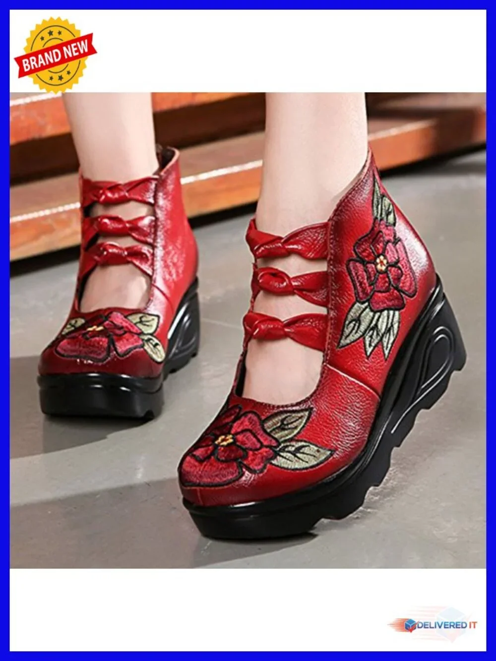 Leather Round Toe Platform Wedges Mary Jane Pumps